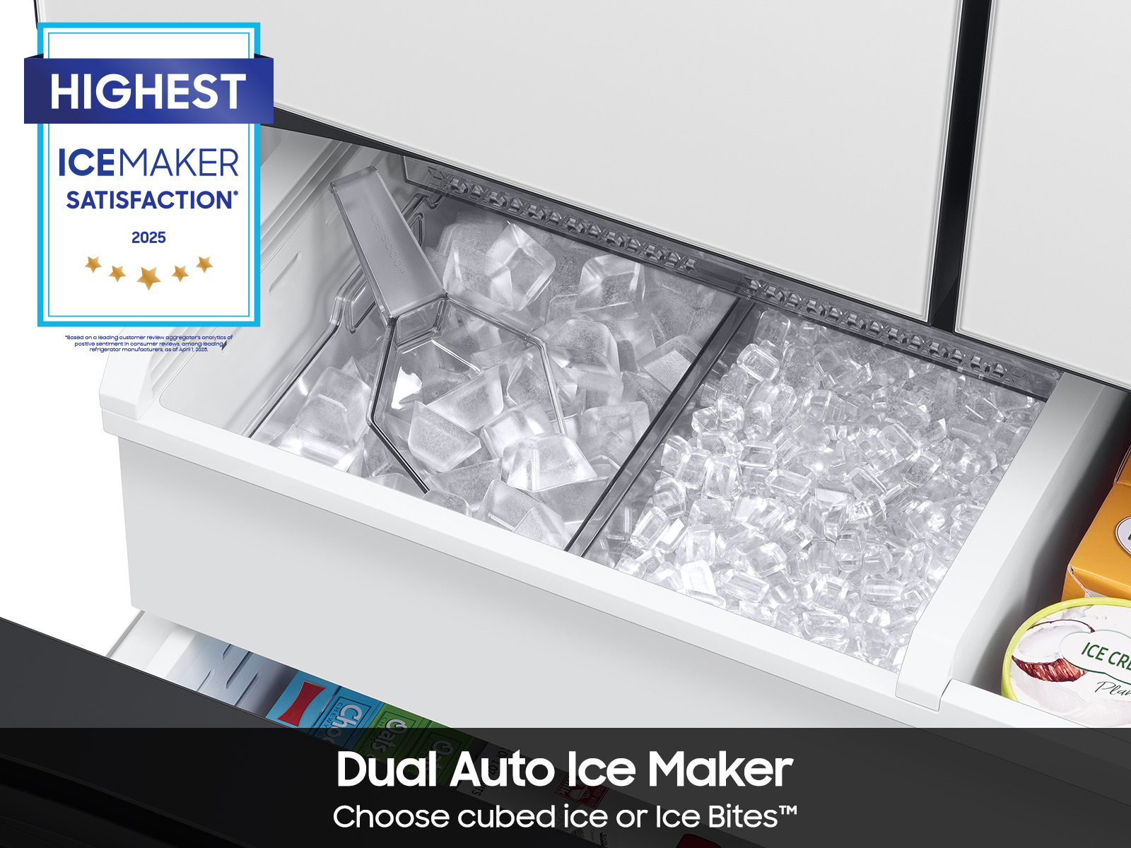 Bespoke 3-Door French Door Refrigerator (30 cu. ft.) – with Top Left and Family Hub™ Panel in White Glass - and Matte Grey Glass Bottom Door Panel