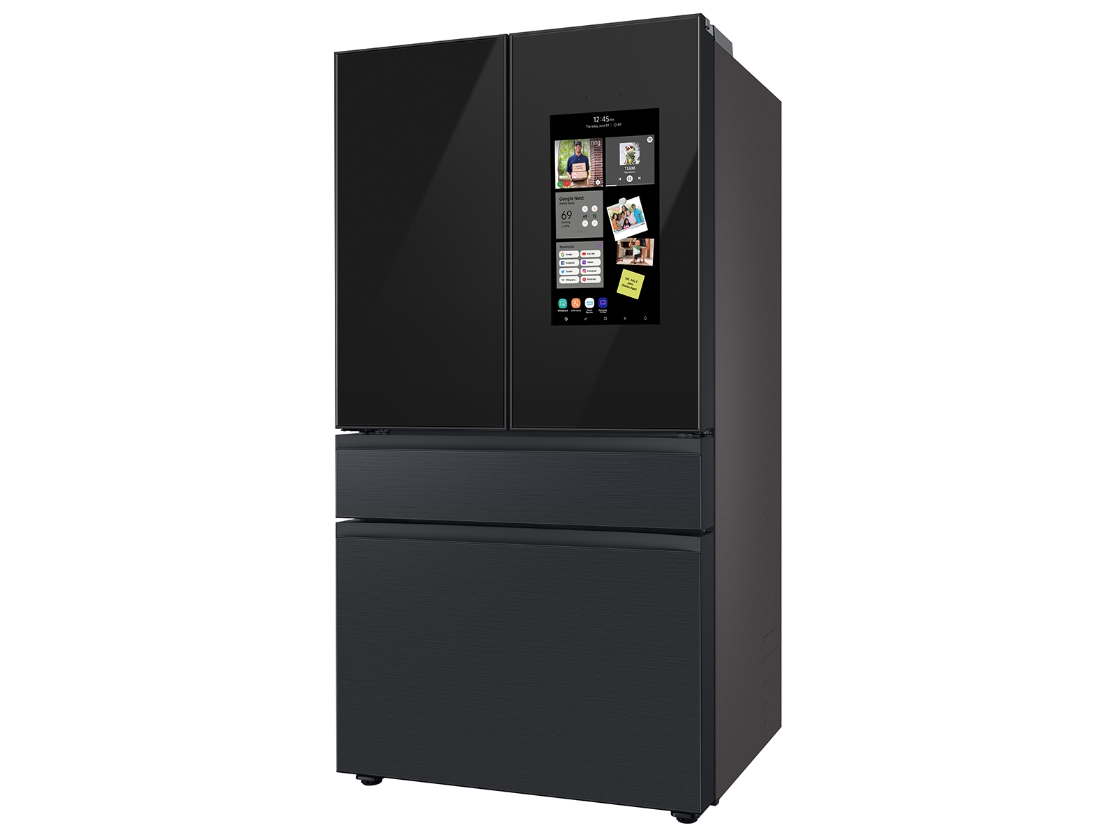 Thumbnail image of Bespoke 4-Door French Door Refrigerator (23 cu. ft.) &ndash; with Top Left and Family Hub&trade; Panel in Charcoal Glass - and Matte Black Steel Middle and Bottom Panels