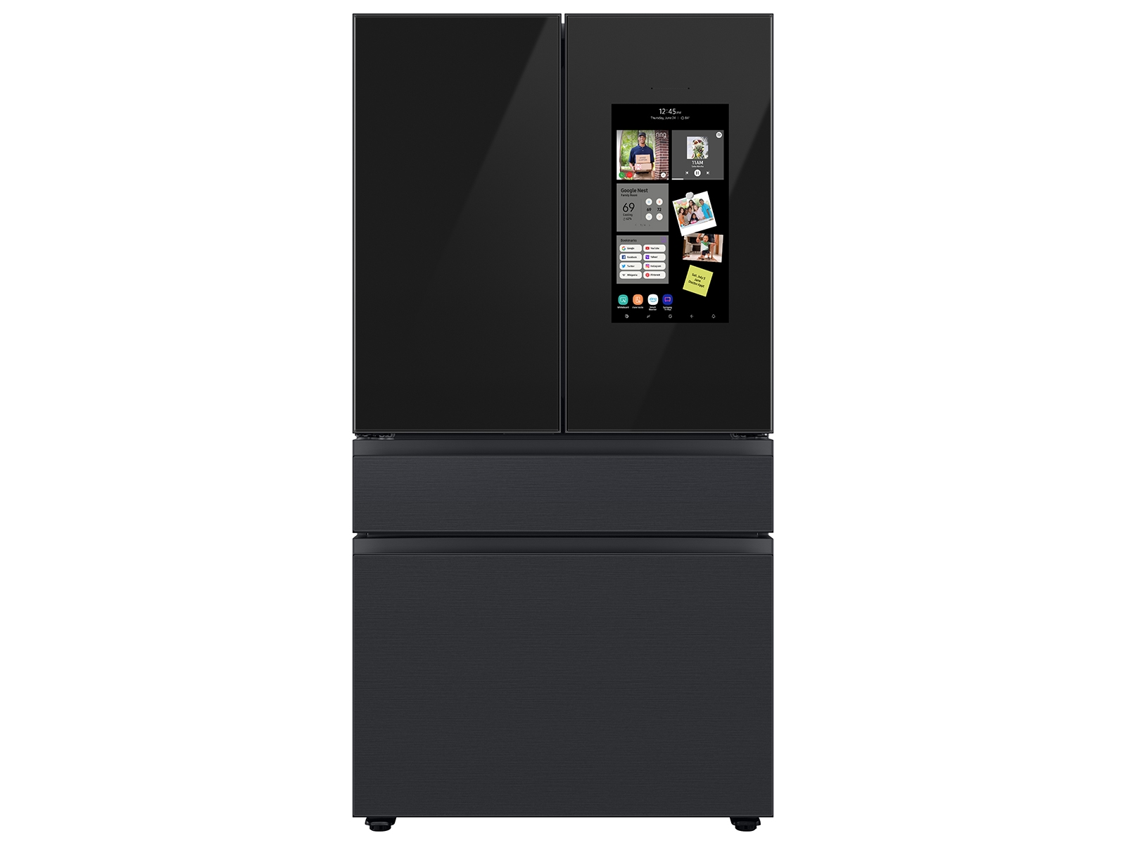 Thumbnail image of Bespoke 4-Door French Door Refrigerator (29 cu. ft.) &ndash; with Top Left and Family Hub&trade; Panel in Charcoal Glass - and Matte Black Steel Middle and Bottom Door Panels