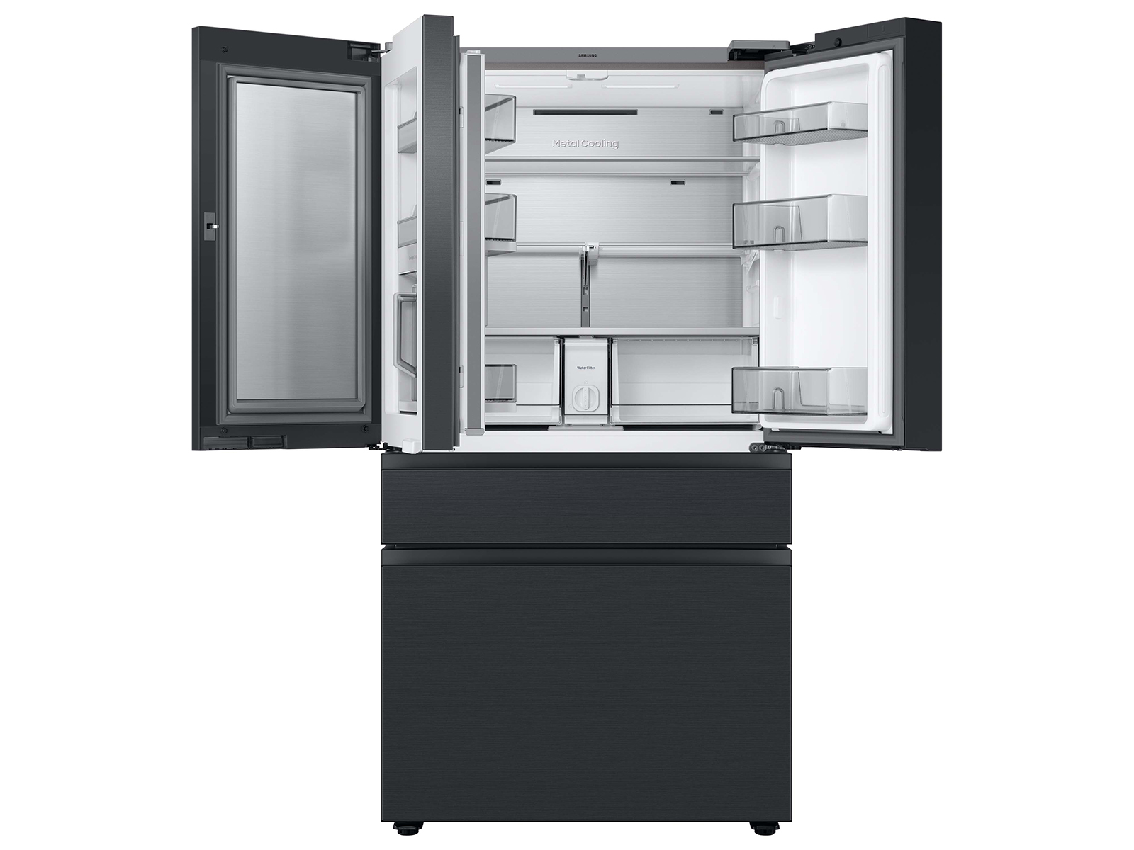 Thumbnail image of Bespoke 4-Door French Door Refrigerator (23 cu. ft.) &ndash; with Top Left, Family Hub&trade; and Bottom Panels in White Glass - and Pink Glass Middle Panel