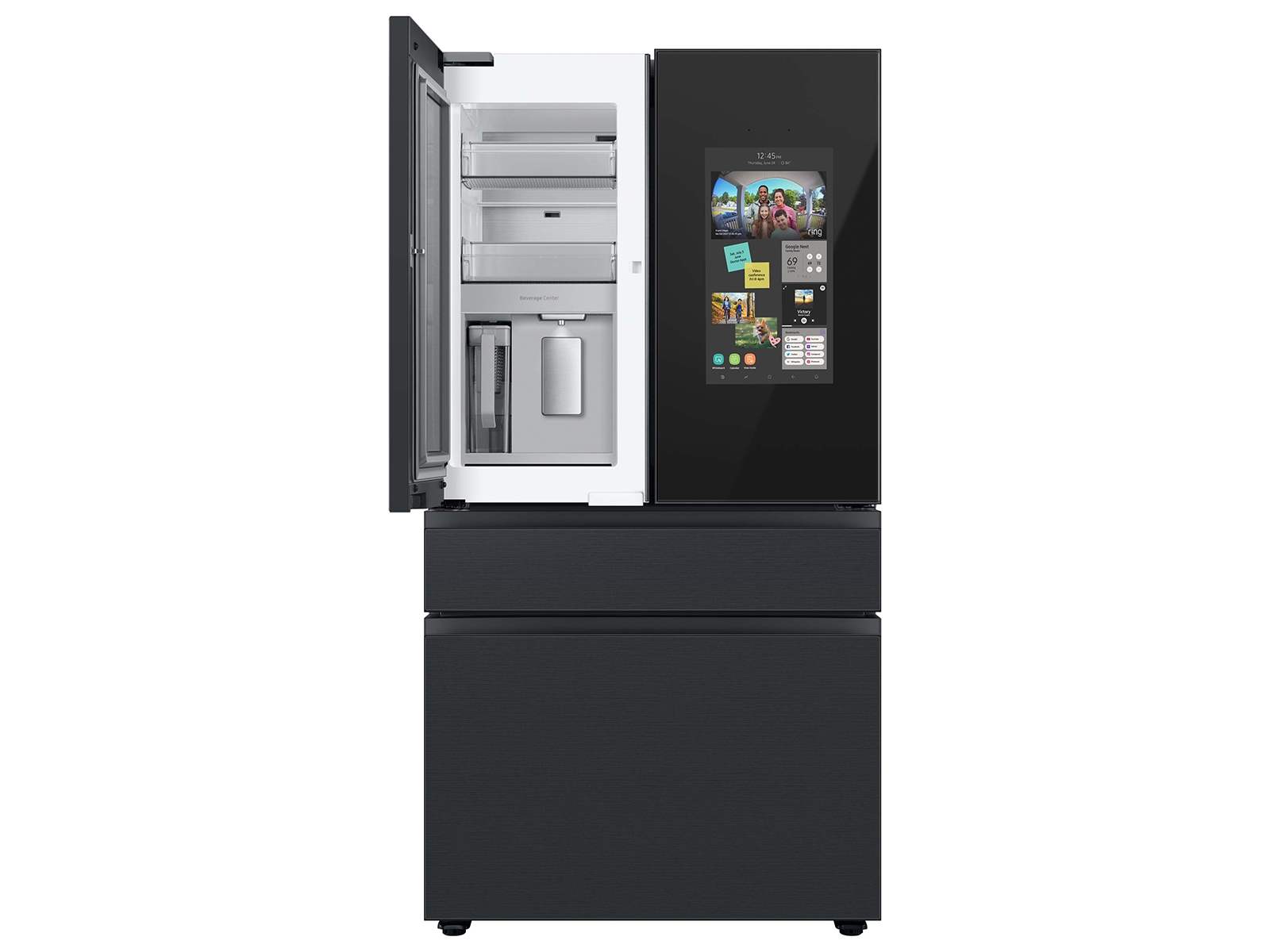 Thumbnail image of Bespoke 4-Door French Door Refrigerator (23 cu. ft.) &ndash; with Top Left, Family Hub&trade; and Bottom Panels in White Glass - and Pink Glass Middle Panel