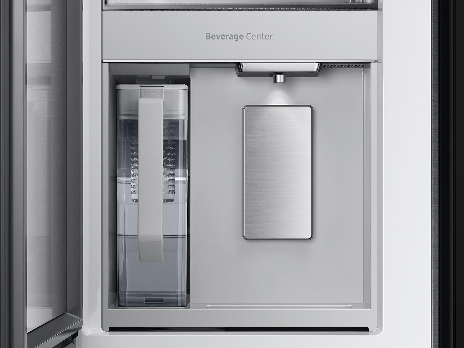 Thumbnail image of Bespoke 4-Door French Door Refrigerator (23 cu. ft.) &ndash; with Top Left, Family Hub&trade; and Bottom Panels in White Glass - and Pink Glass Middle Panel