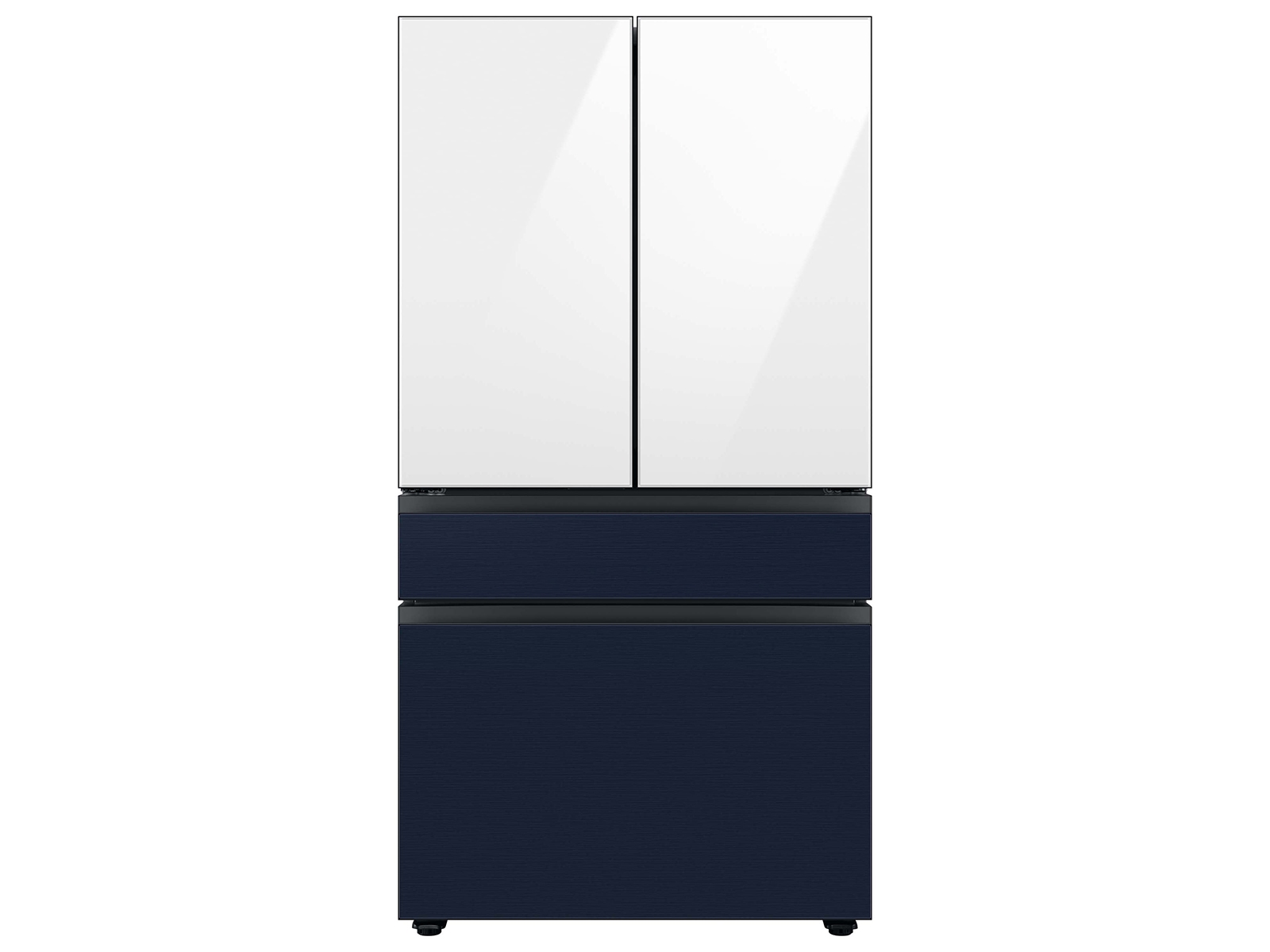Bespoke 4-Door French Door Refrigerator (29 cu. ft.) with Customizable Door Panel Colors and Beverage Center&trade; in White Glass Top Panels with Navy Steel Middle and Bottom Panel