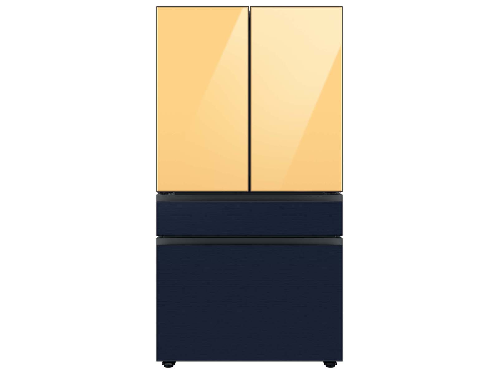 Bespoke 4-Door French Door Refrigerator (29 cu. ft.) with Customizable Door Panel Colors and Beverage Center™ in Sunrise Yellow Glass Top, White Glass Middle, and Morning Blue Glass Bottom Panels