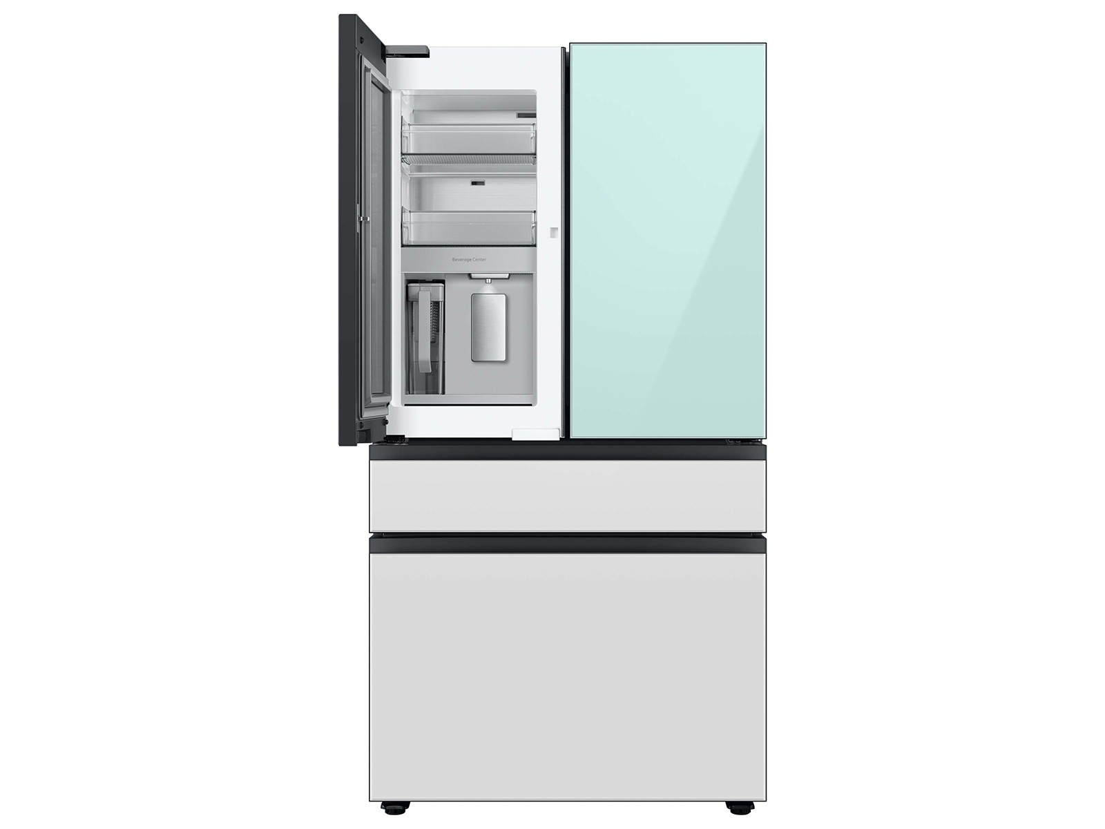 Thumbnail image of Bespoke 4-Door French Door Refrigerator (23 cu. ft.) with Beverage Center&trade; in Morning Blue Glass Top Panels and White Glass Middle and Bottom Panels