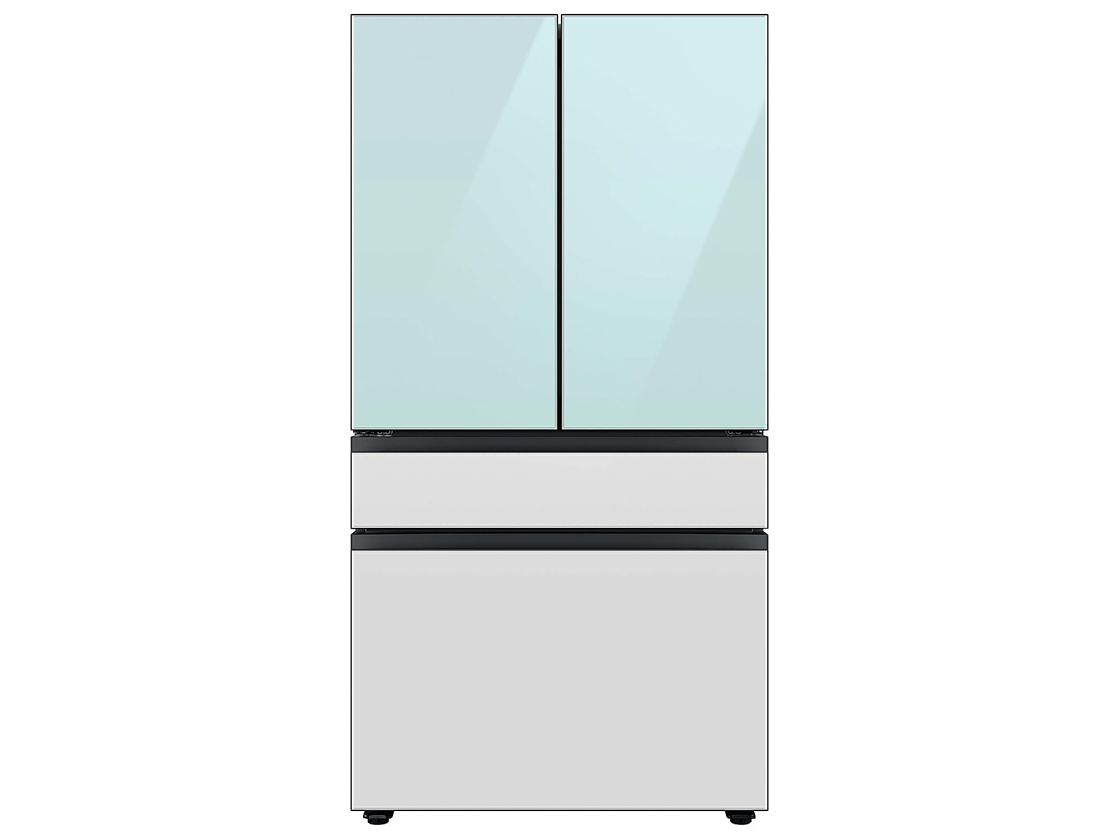 Samsung Bespoke 4-Door French Door Refrigerator in Morning Blue Glass Top/ White Glass Middle/ White Glass Bottom (23 cu. ft.) with Beverage Center™ in Morning Blue Glass Top Panels and White Glass Middle and Bottom Panels