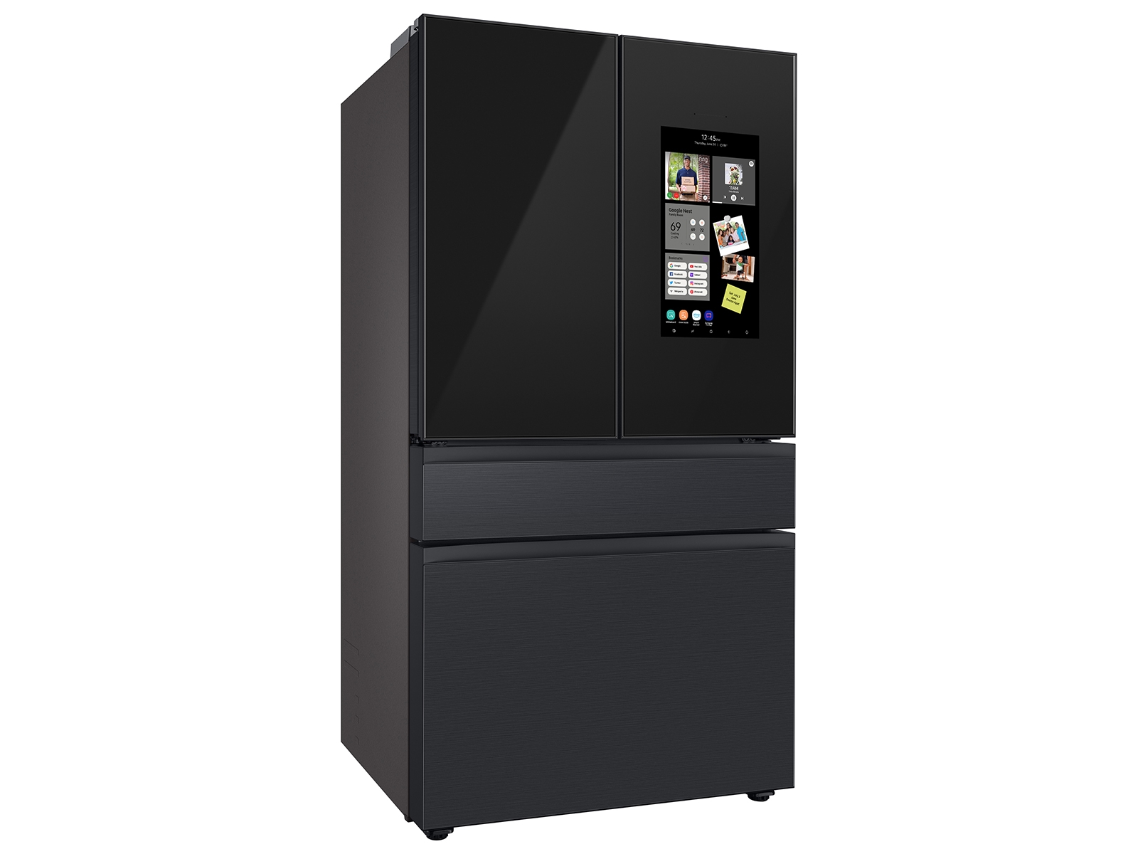Thumbnail image of Bespoke 4-Door French Door Refrigerator (23 cu. ft.) – with Top Left and Family Hub™ Panel in Charcoal Glass - and Matte Black Steel Middle and Bottom Panels