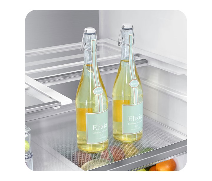 2 bottles inside a fully stocked Samsung Bespoke refrigerator
