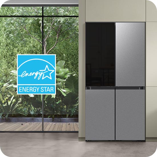 ENERGY STAR Certified logo next to Samsung Bespoke White Glass refrigerator