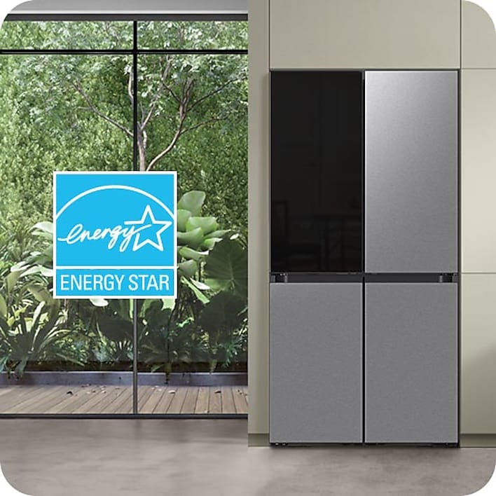 ENERGY STAR Certified logo next to Samsung Bespoke White Glass refrigerator