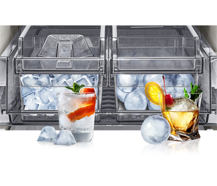 Inside Samsung Bespoke refrigerator with open dual ice maker trays