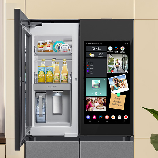Samsung Bespoke Family Hub refrigerator with left door ajar