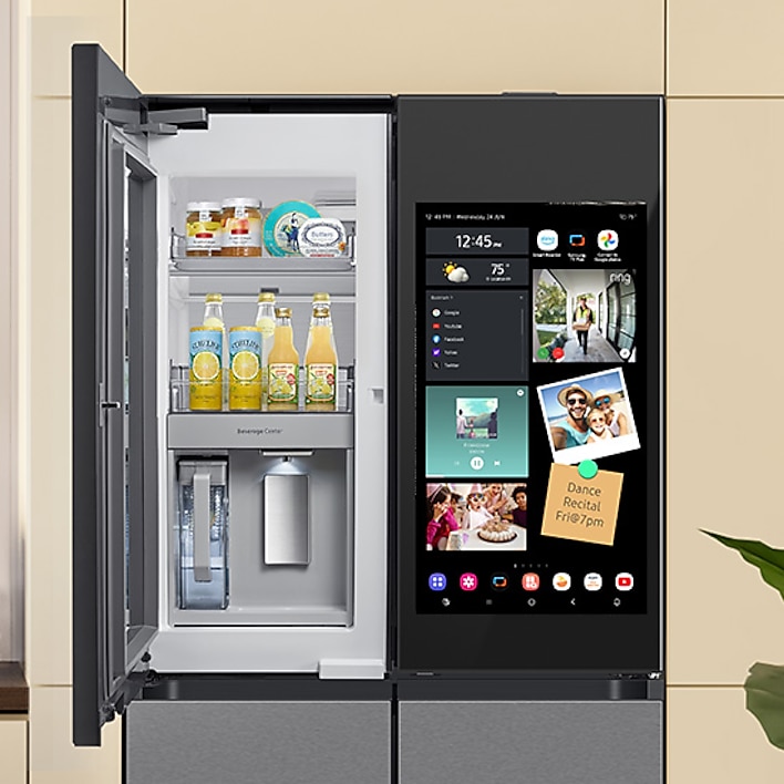 Samsung Bespoke Family Hub refrigerator with left door ajar