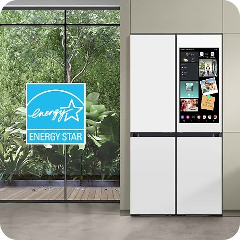 Samsung Bespoke White Glass refrigerator with Family Hub touch screen