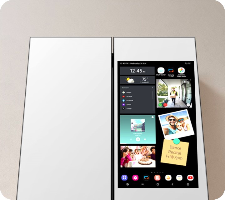 Samsung Bespoke White Glass refrigerator with Family Hub touch screen