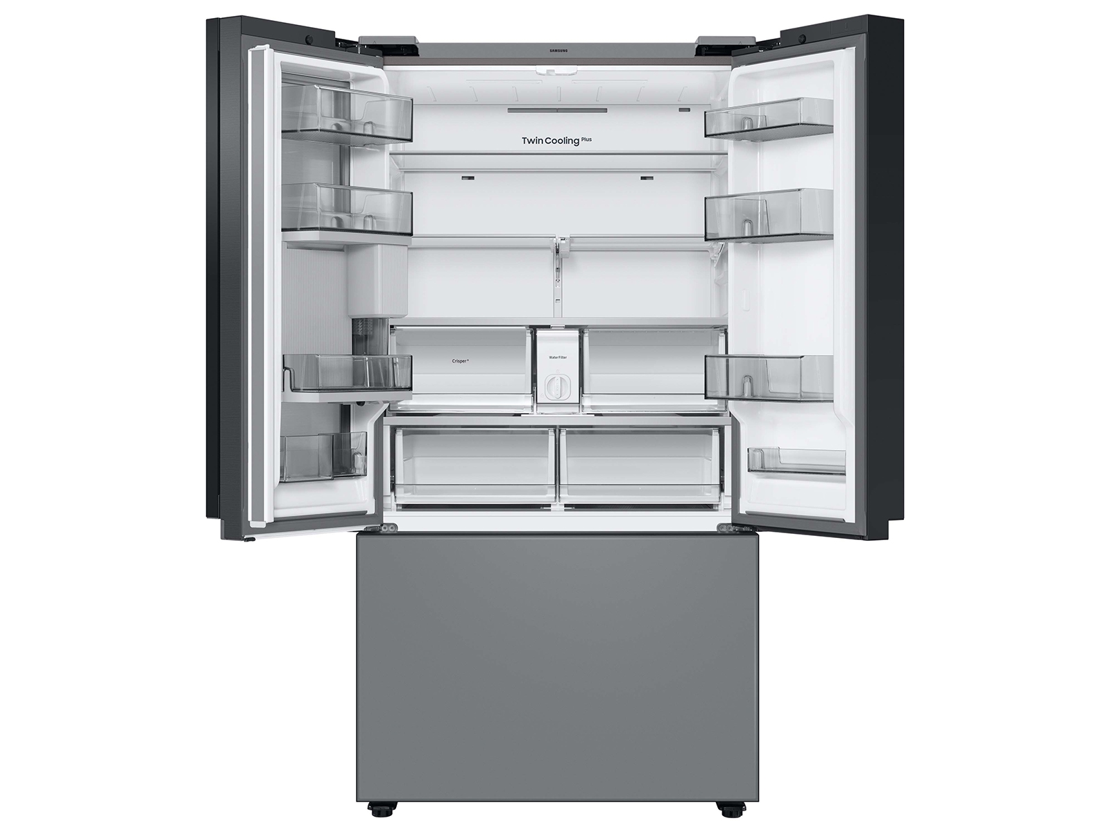 Thumbnail image of Bespoke 3-Door French Door Refrigerator (24 cu. ft.) &ndash; with Top Left and Family Hub&trade; Panel in White Glass - and Matte Grey Glass Bottom Door Panel