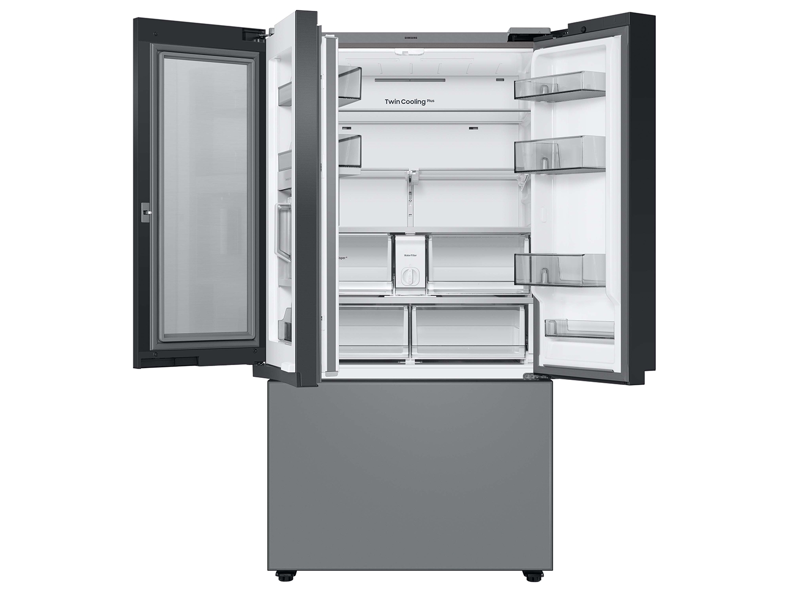 Thumbnail image of Bespoke 3-Door French Door Refrigerator (24 cu. ft.) &ndash; with Top Left and Family Hub&trade; Panel in White Glass - and Matte Grey Glass Bottom Door Panel