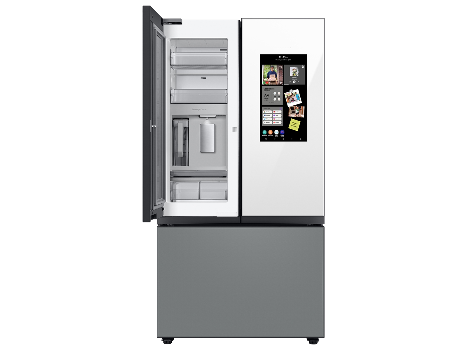 Thumbnail image of Bespoke 3-Door French Door Refrigerator (24 cu. ft.) – with Top Left and Family Hub™ Panel in White Glass - and Matte Grey Glass Bottom Door Panel