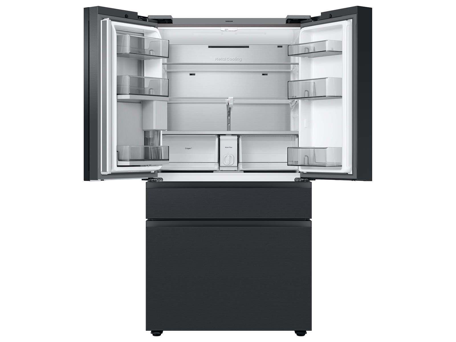 Thumbnail image of Bespoke 4-Door French Door Refrigerator (29 cu. ft.) – with Top Left and Family Hub™ Panel in Charcoal Glass - and Matte Black Steel Middle and Bottom Door Panels