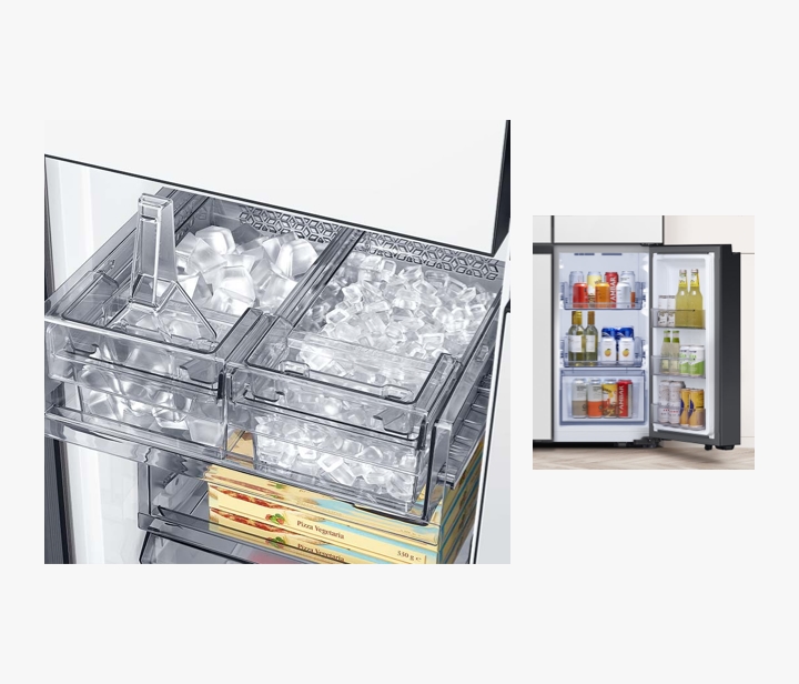 Inside Samsung Bespoke refrigerator with open dual ice maker trays