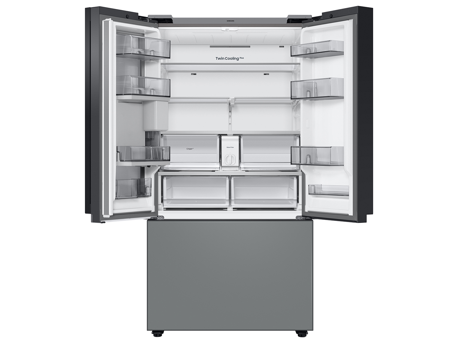 Thumbnail image of Bespoke 3-Door French Door Refrigerator (30 cu. ft.) – with Top Left and Family Hub™ Panel in White Glass - and Matte Grey Glass Bottom Door Panel