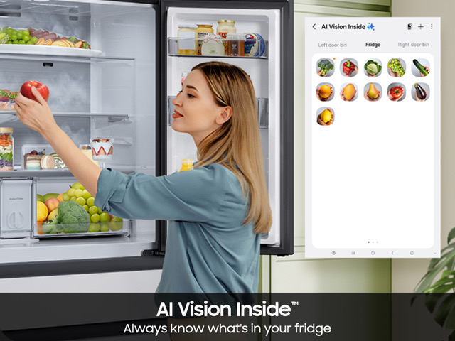 Bespoke 23 cu. ft. Counter Depth 4-Door French Door Refrigerator with AI Family Hub™+ AI Vision Inside™ in White Glass
