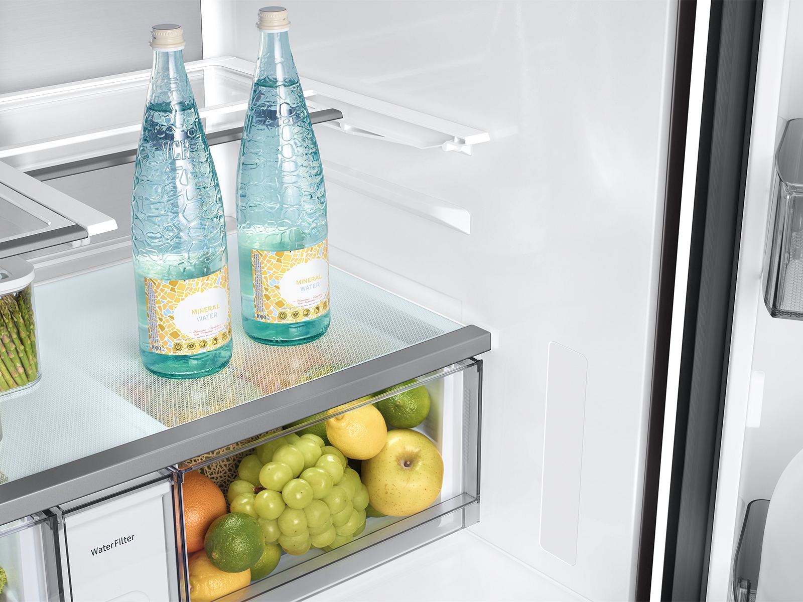 Bespoke 23 cu. ft. Counter Depth 4-Door French Door Refrigerator with AI Family Hub™+ AI Vision Inside™ in White Glass