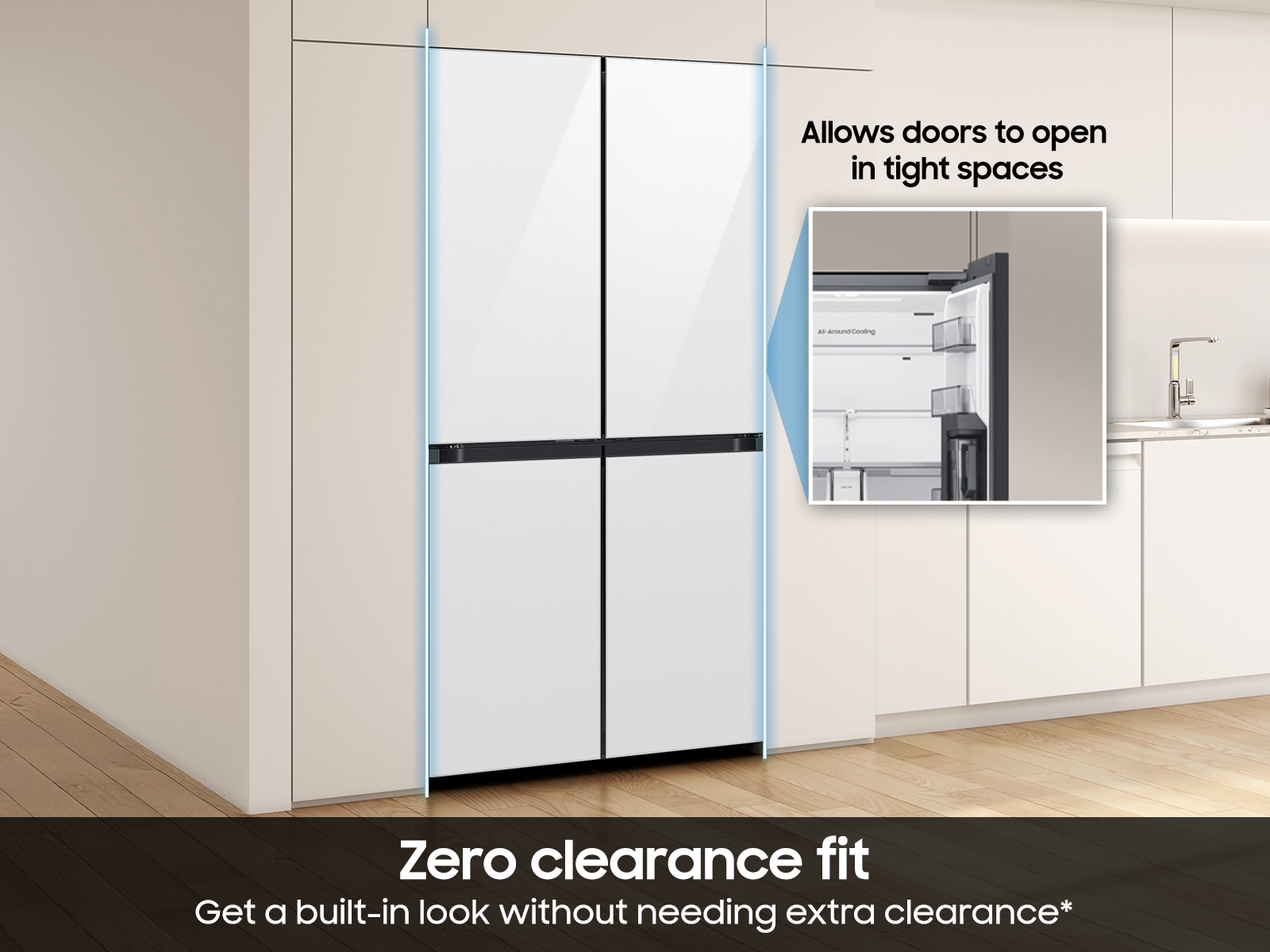 Thumbnail image of Bespoke 22 cu. ft. Counter Depth 4-Door French Door Refrigerator with Zero Clearance Fit &amp; Food Showcase Door in White Glass