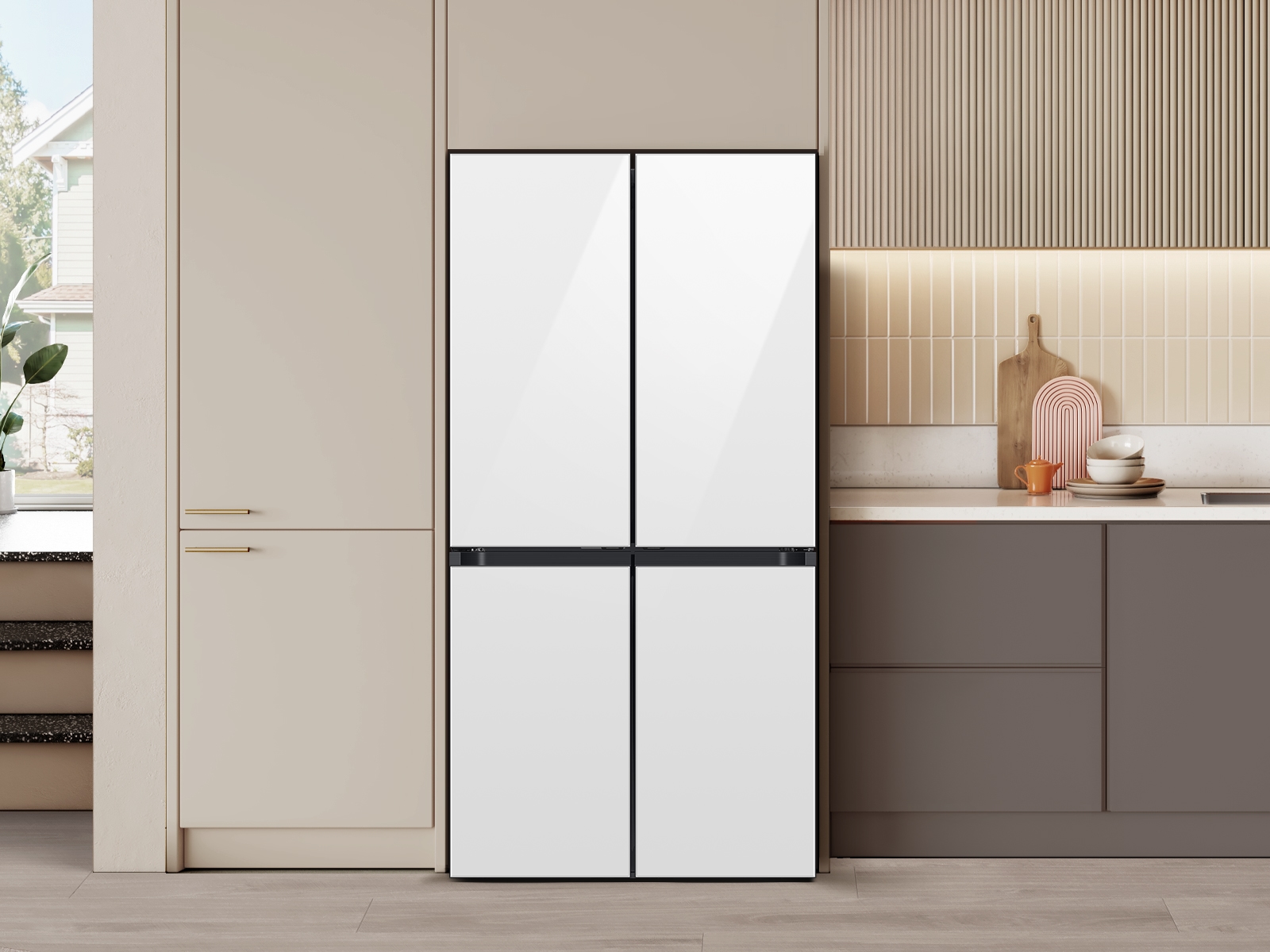 Thumbnail image of Bespoke 22 cu. ft. Counter Depth 4-Door French Door Refrigerator with Zero Clearance Fit &amp; Food Showcase Door in White Glass