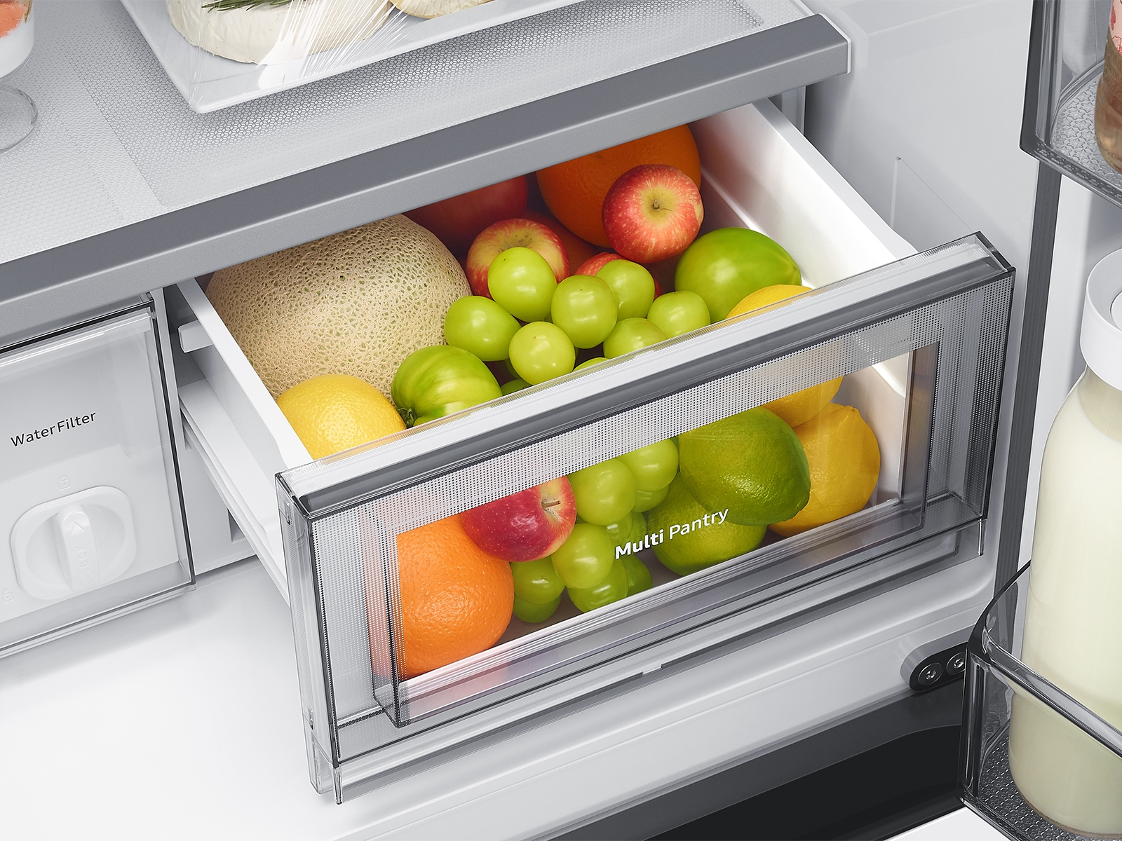 Thumbnail image of Bespoke 22 cu. ft. Counter Depth 4-Door French Door Refrigerator with Zero Clearance Fit &amp; Food Showcase Door in White Glass
