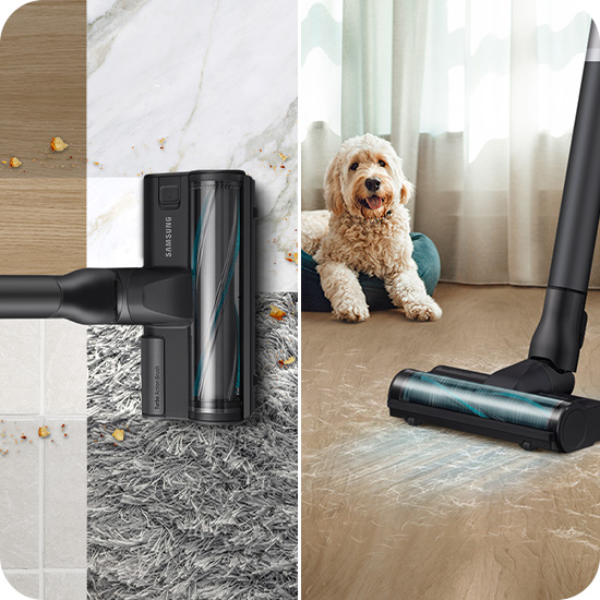 Samsung Jet™ 75 Pet Turbo Action Brush cleaning carpets and floors