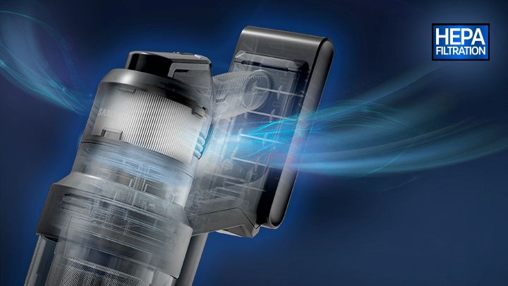 Cordless stick vacuum with HEPA filter releasing cleaner air
