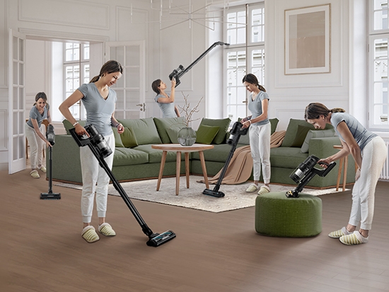Person using cordless vacuum in different areas of home with various vacuum attachments