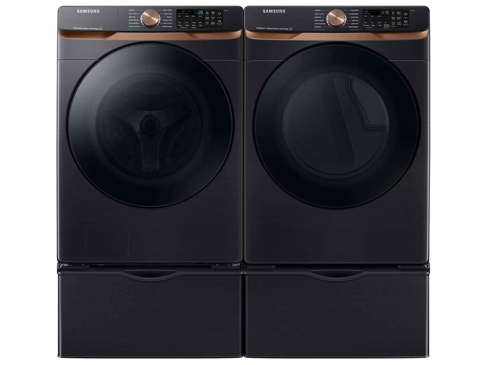 Thumbnail image of Extra Large Capacity Smart Front Load Washer with Super Speed Wash and Smart Gas Dryer with Steam Sanitize+ and Sensor Dry in Brushed Black