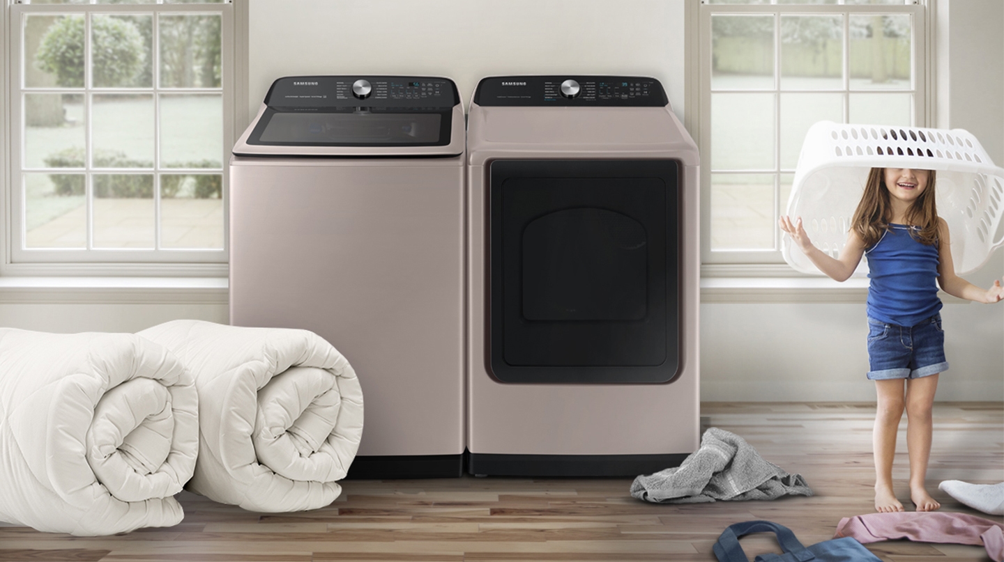 Shop Samsung High Efficiency Smart Top-Load Washer and Electric Dryer in  Champagne at