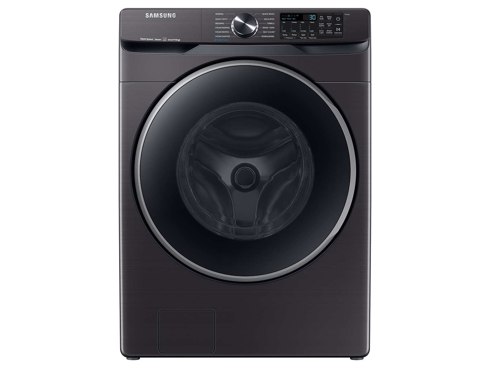 Smart Front Load Super Speed Wash Washer and Smart Steam Sanitize+ Electric Dryer package in Brushed Black