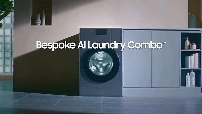 Bespoke AI All in One Laundry Combo in a modern laundry room with 98 minute wash and dry