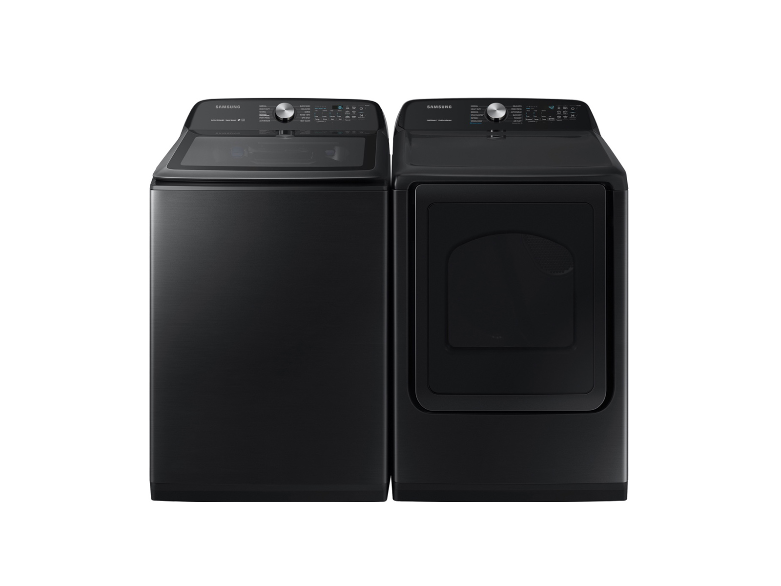 Top Load Washer & Dryer Set with Super Speed and Steam Sanitize+ in Black Stainless Steel