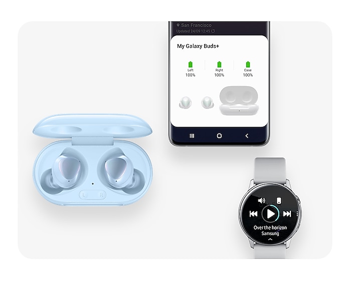 From above we see 3 products. The Galaxy Buds+ in their case with the lid open. A phone from the Galaxy S20 series with a pop-up notification showing the battery life of the Galaxy Buds+ case and left and right Galaxy Buds+. And the Galaxy smartwatch connected to the Galaxy Buds+