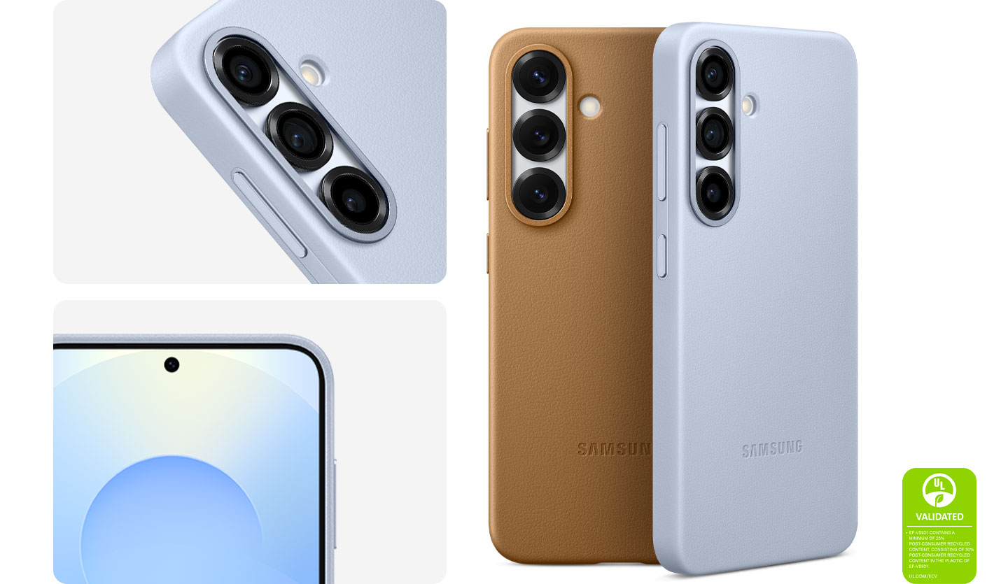 A Galaxy S25 installed with the Kindsuit Case in Camel is shown from its upper right corner, with the screen side up. The screen shows screensaver graphics. Another Galaxy S25 is installed with the same Kindsuit Case, shown from its upper half from a slanted angle and diagonally placed. Two Kindsuit Cases, each installed on a Galaxy S25, are shown vertically from the back side. They are in Gray and Camel, respectively. A UL Environmental Claim Validation Mark is shown that reads 'EF-VS938 CONTAINS A MINIMUM OF 22% POST-CONSUMER RECYCLED CONTENT, CONSISTING OF 50% POST-CONSUMER RECYCLED CONTENT IN THE PLASTIC OF EF-VS938. UL.COM/ECV'.