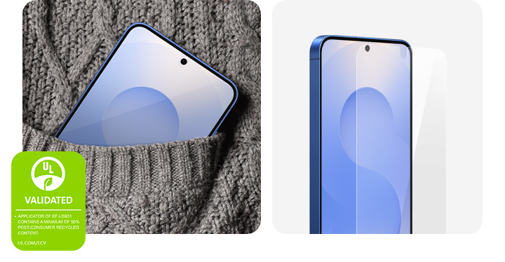 A Galaxy S25 Ultra, with the Anti-reflecting Film installed on its screen, is being put inside the holder's knitted pocket. Another Galaxy S25 Ultra is seen from its screen, slightly angled, with the Anti-reflecting Film hovering above it. In the lower left corner, a UL Environmental Claim Validation Mark is shown that reads 'APPLICATOR OF EF-US938 CONTAINS A MINIMUM OF 50% POST-CONSUMER RECYCLED CONTENT. UL.COM/ECV'.