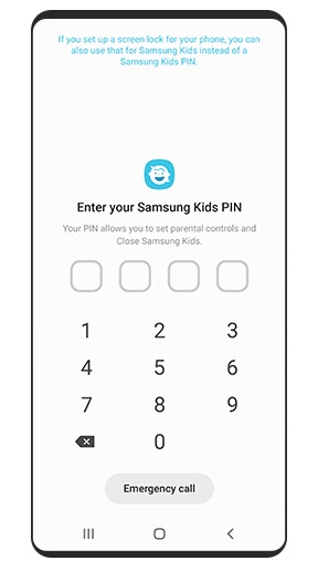 Simulated image of the Kids Home Security screen prompts you to set up a four-digit PIN.