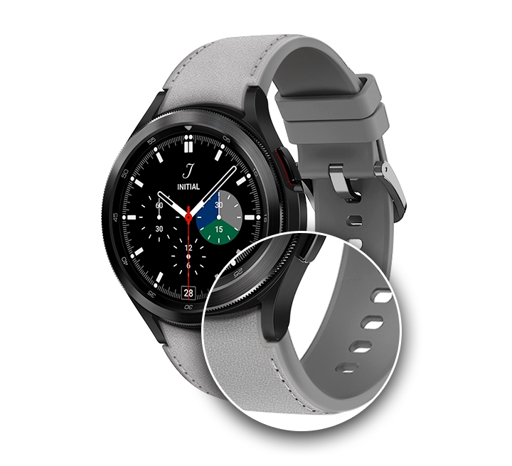 The Galaxy Watch4 is shown with Black color watchface and a Silver Hybrid Leather Band. The band …
