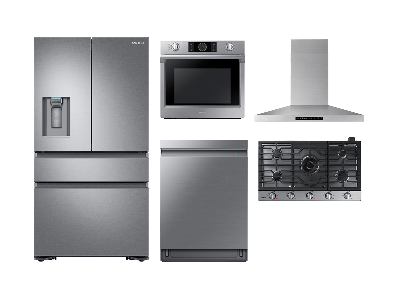 Samsung 4-door Refrigerator + Single Wall Oven + Gas Cooktop + Hood + Linear Wash Dishwasher in Stainless Steel(BNDL-1561033323864)
