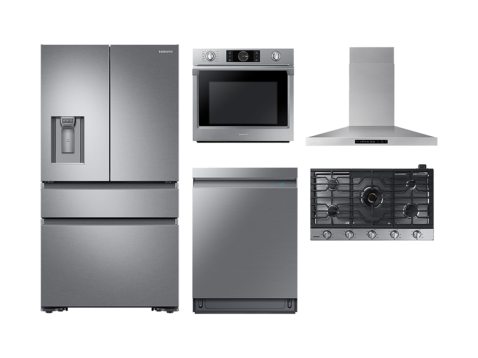 Samsung 4-door Refrigerator + Single Wall Oven + Gas Cooktop + Hood + Linear Wash Dishwasher in Stainless Steel(BNDL-1561033323864) photo
