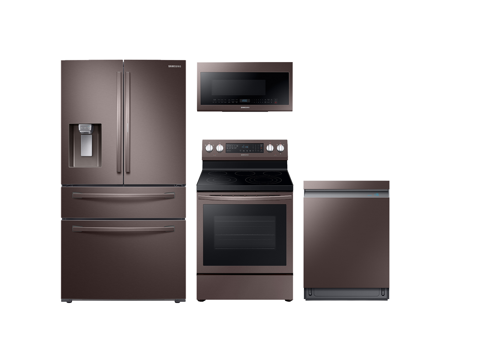 4-door Refrigerator + Electric Range + Linear Wash Dishwasher + Microwave Kitchen Package in Tuscan  Stainless