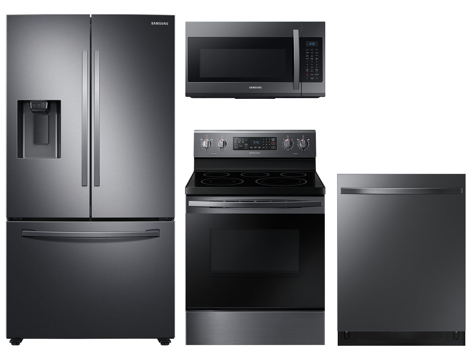 Large capacity 3-door refrigerator & electric range package in black stainless