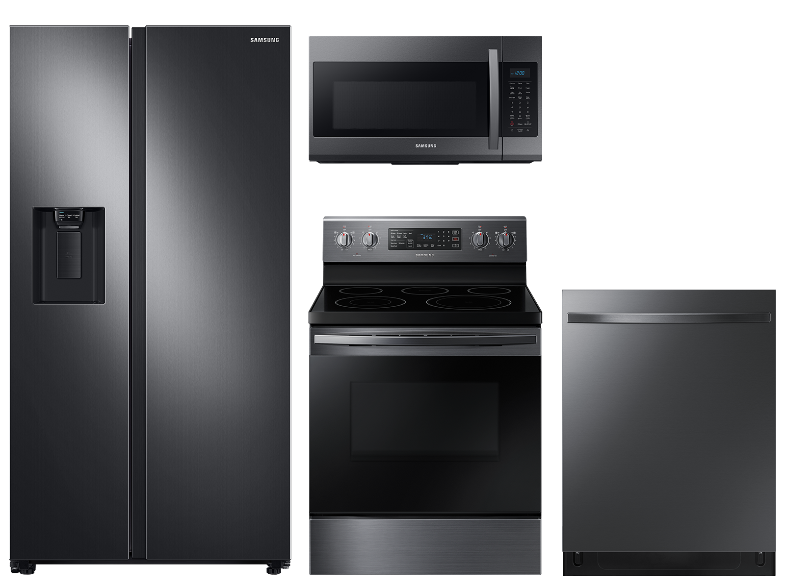 Counter Depth Side-by-Side refrigerator & electric range package in black stainless
