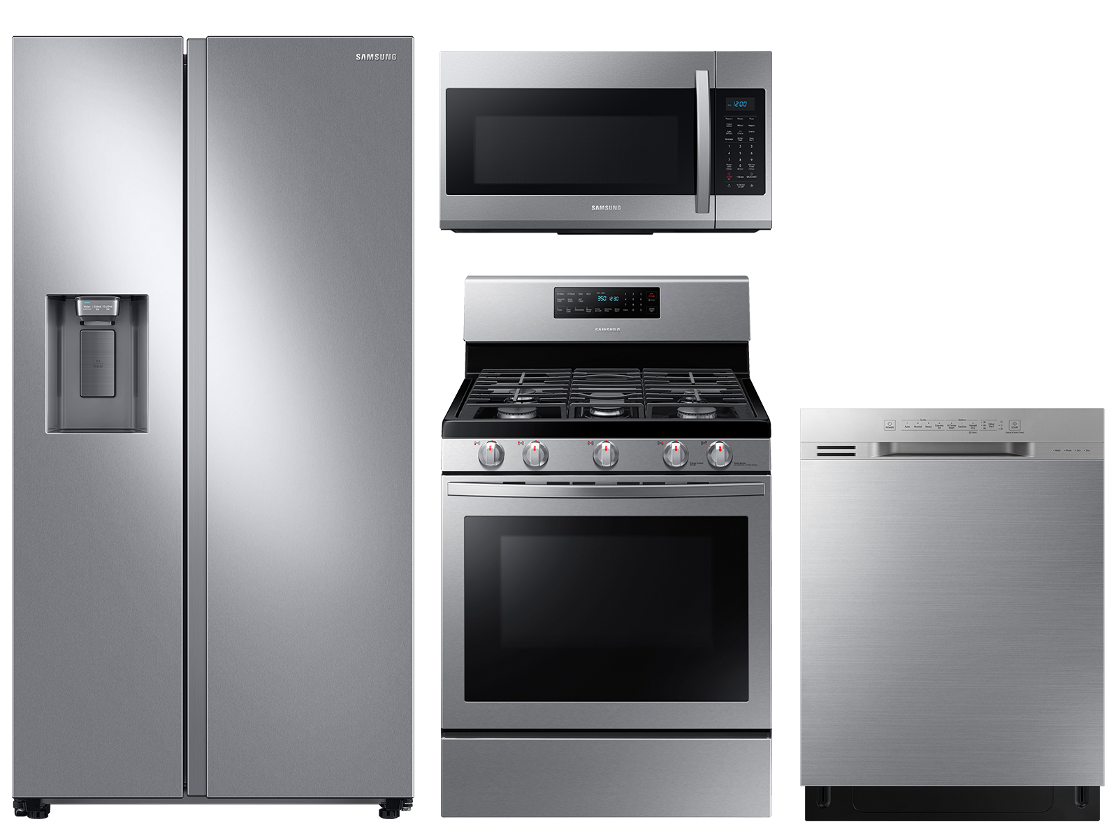Counter Depth Side-by-Side refrigerator & gas range package in stainless steel