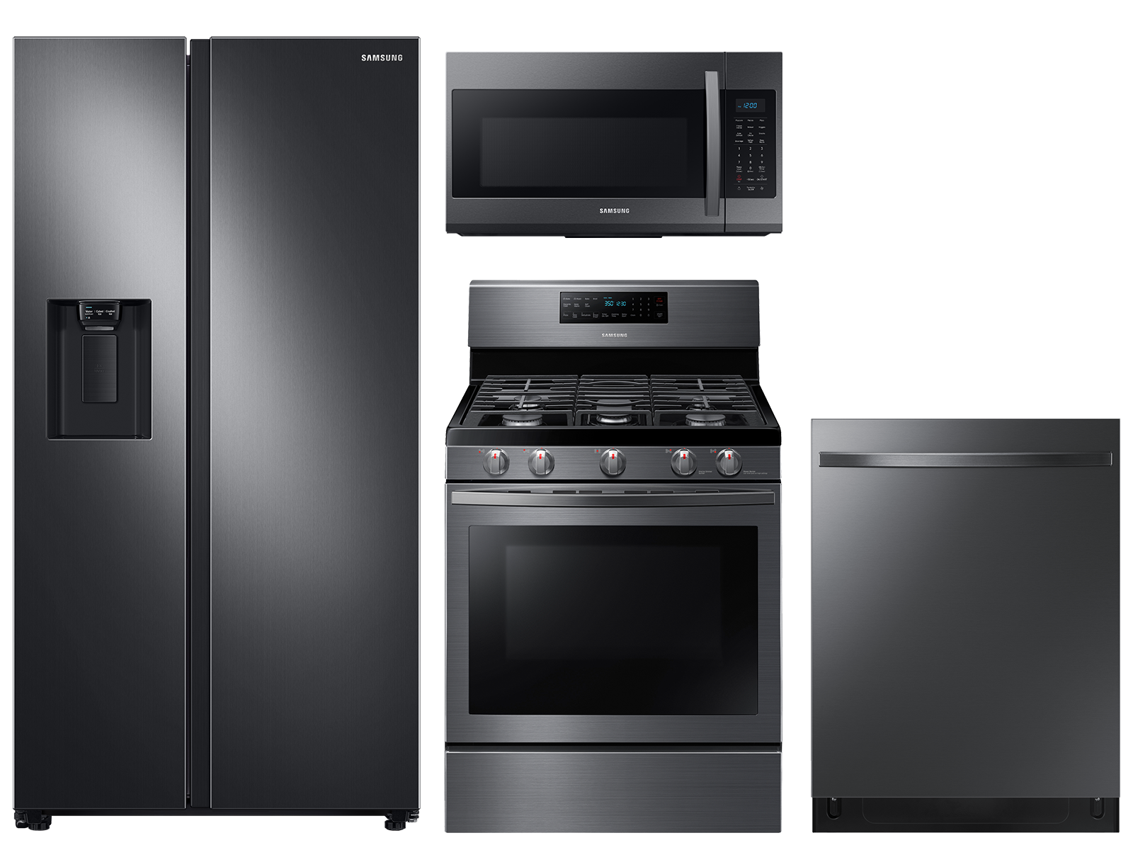 Counter Depth Side-by-Side refrigerator & gas range package in black stainless